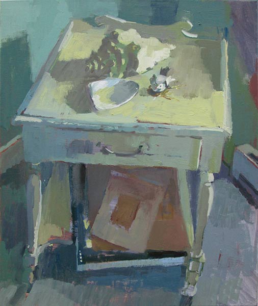 Carole Rabe Painting Seashells and Bird on Table.